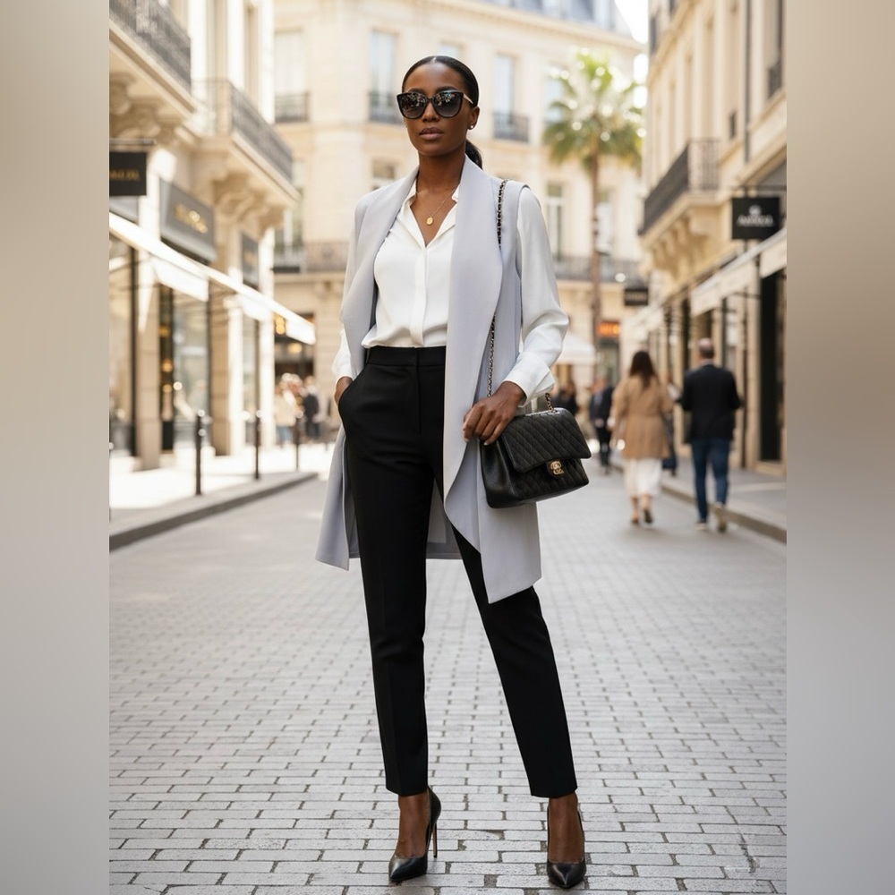 Revamped Light Gray/Grey Cape Jacket/Sleevess Blazer with Belt - Quiet Luxury